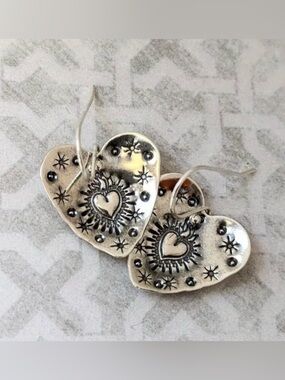 Silver Tone Heart Starburst Earrings | Western Boho Celestial Statement Earrings